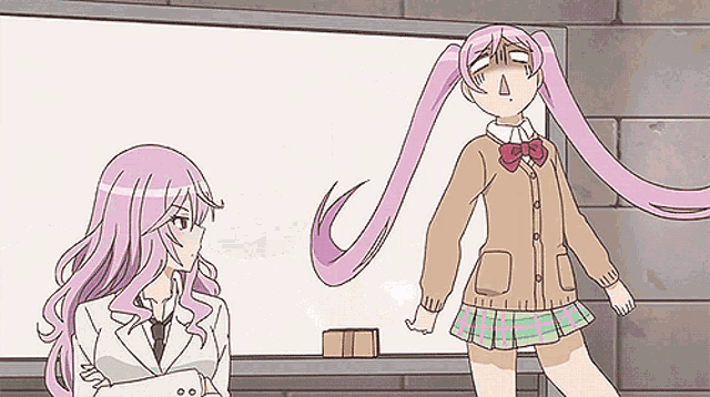 a cartoon of two girls standing next to a white board