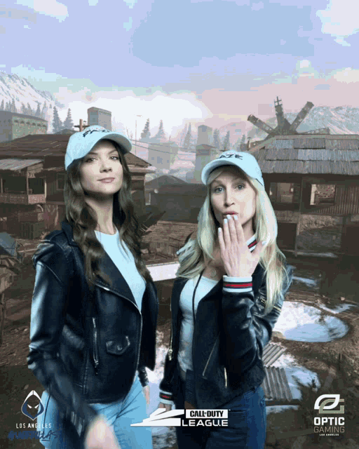 two women are posing for a photo in front of a call of duty league background