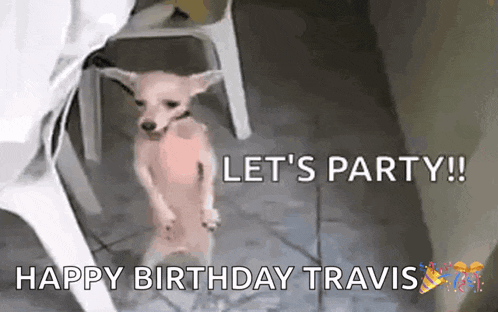 a small dog standing on its hind legs with the words `` let 's party ! ''
