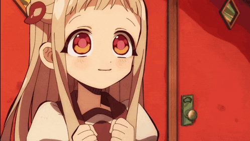 a cartoon girl with long blonde hair and red eyes