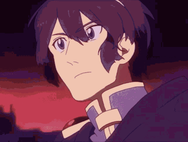 a close up of a person 's face with purple hair and a purple shirt .
