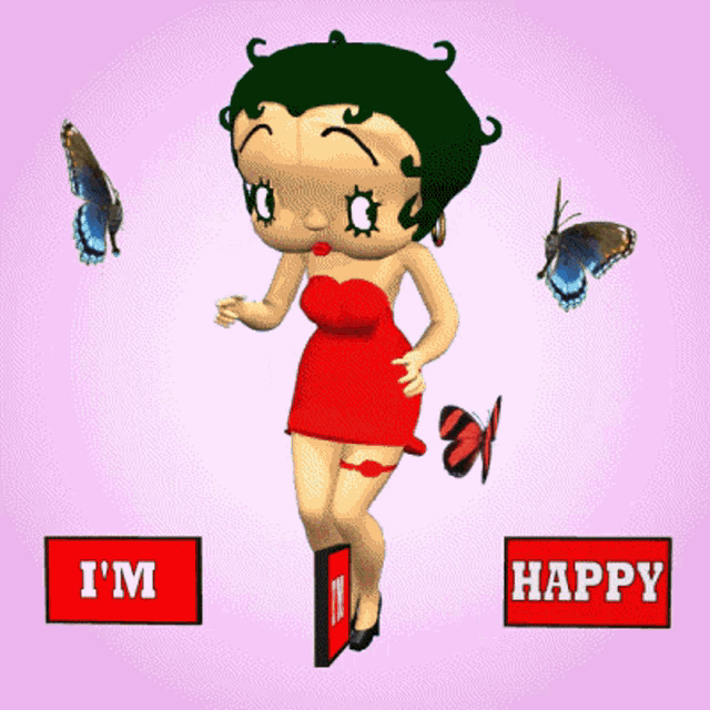 betty boop is surrounded by butterflies and red signs that say i 'm happy
