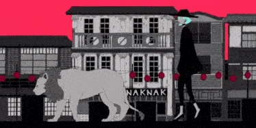 a black and white drawing of a man walking a lion in front of a building that says naknak