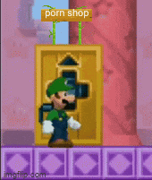 a video game character is standing in front of a door that says porn shop