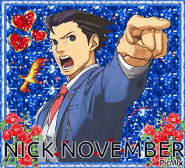 a picture of a man pointing at the camera with the words nick november written below him