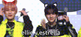 a couple of people standing next to each other with the words ellie y estrella on the bottom .