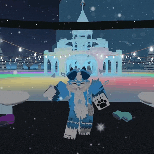 a blue and white furry animal standing in front of a building