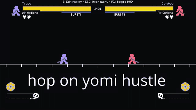 a purple and red silhouette with the words hop on yomi hustle on the bottom