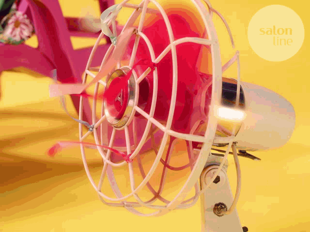 a red and white fan with salon line written on the bottom right