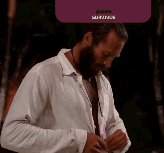 a man with a beard is wearing a white shirt and the word gledate survivor is on the bottom