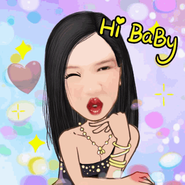 a cartoon of a woman with a heart in her mouth and the words hi baby