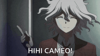 a man in a suit and tie is pointing at something with the words `` hhh cameo '' written below him .
