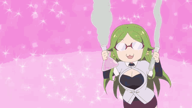 a woman with green hair is holding a beaker of liquid