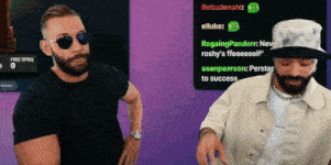 two men are standing in front of a screen that says free spins on it
