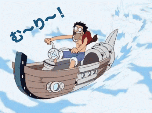 a man is riding a boat with a shark tail and a steering wheel .