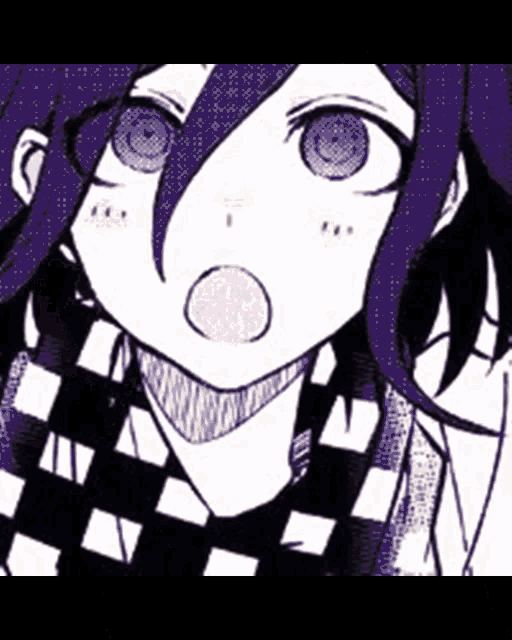 a black and white drawing of a girl with purple hair and blue eyes