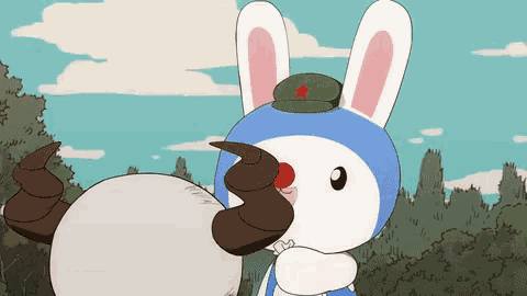 a cartoon of a rabbit wearing a green hat with a red star