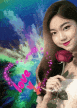 a woman is holding a red rose with the word love written above her