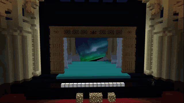a computer generated image of a stage with a northern lights scene
