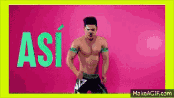 a man without a shirt is dancing in front of a pink background with the word asi in blue letters