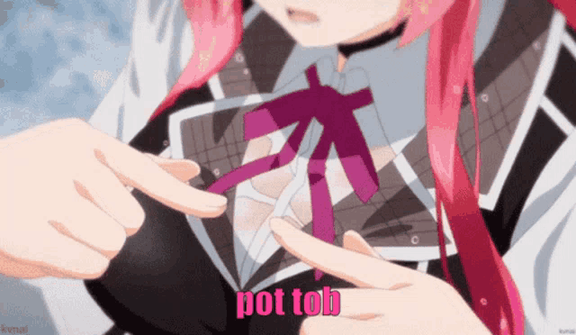 a girl with pink hair is pointing at her breast with the words pot tob written above her