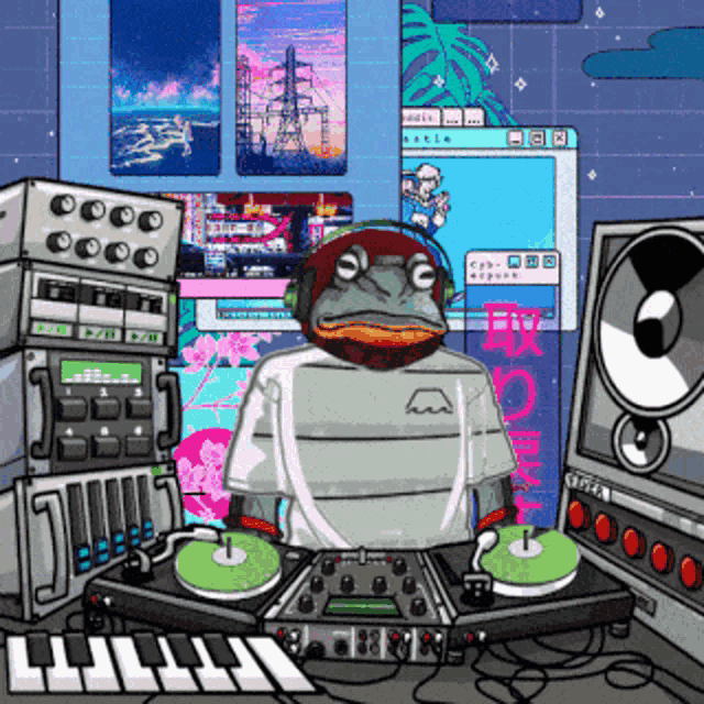 a frog wearing headphones and a white shirt with a fuji logo is playing music