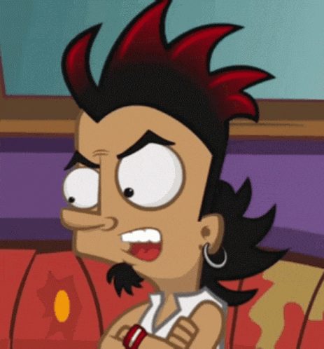 a cartoon character with a mohawk and earrings looks angry