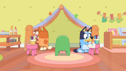 a cartoon of two dogs playing in a playroom