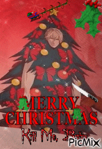a christmas card with a man in a christmas tree
