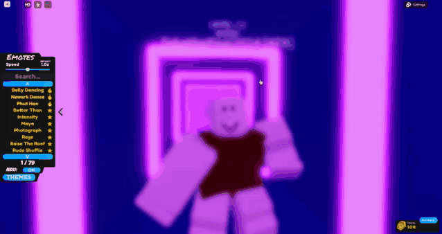 a screenshot of a video game with a purple background and a list of emotes on the bottom