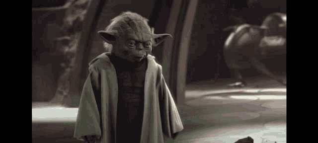 yoda from star wars is wearing a green robe and a red shirt