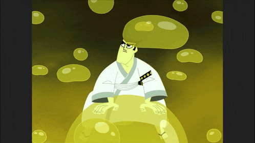 a cartoon character is surrounded by yellow bubbles and has a sword in his belt