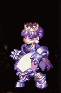 a pixel art of a person wearing a purple outfit and a crown