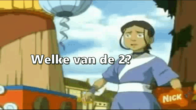 a cartoon character is standing in front of a building with the words welke van de 2 written on the bottom .