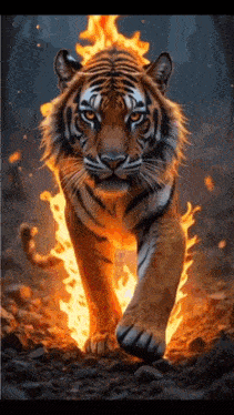 a tiger is walking through a forest surrounded by fire .