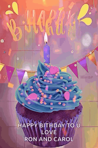a cupcake with blue frosting and a candle on top of it
