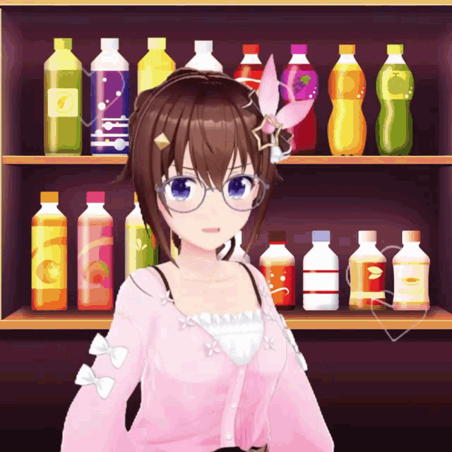 a girl wearing glasses is standing in front of a shelf full of bottles