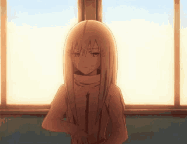a blonde anime girl is standing in front of a window with her eyes closed