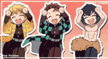 three anime characters are standing next to each other with their arms in the air