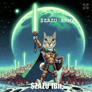 a cartoon of a cat holding a sword and shield with the words $ zazu army behind him
