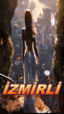 a woman in a white dress stands in front of a city and the word izmirli