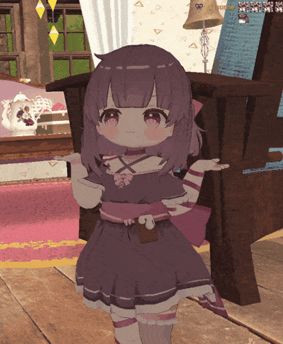 a girl in a purple dress is standing in front of a wooden chair