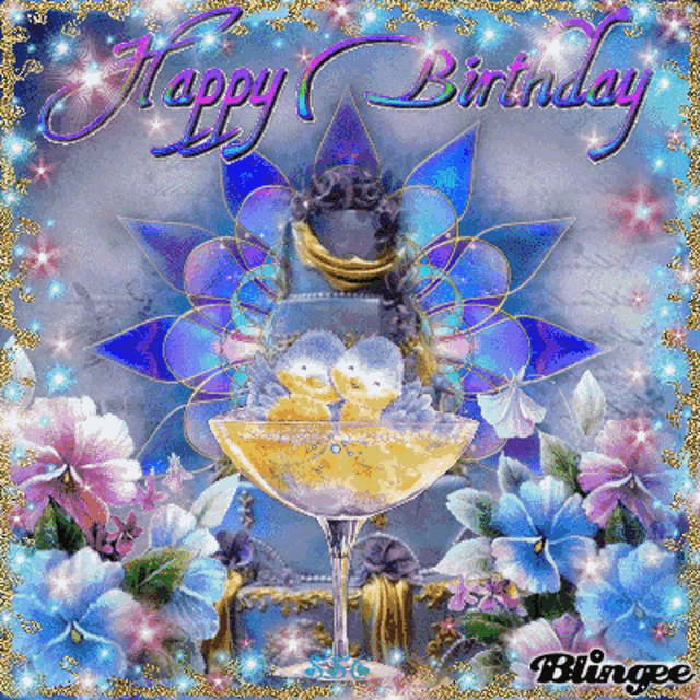 a birthday card with flowers and a glass of wine