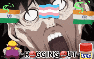 a cartoon of a man with a transgender flag and a bottle of ltc