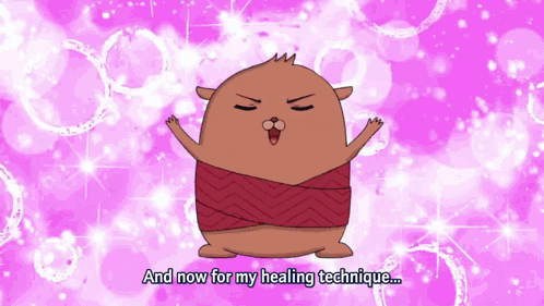 a cartoon character says " and now for my healing technique " in front of a pink background