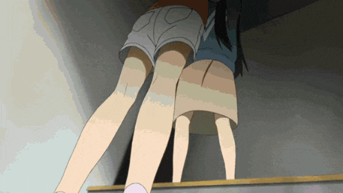 two anime girls are standing on a set of stairs looking down