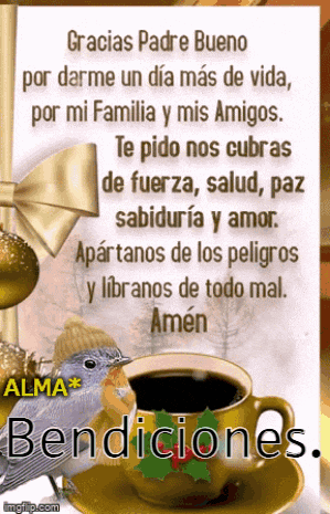 a cup of coffee is on a saucer next to a bird and a sign that says bendiciones