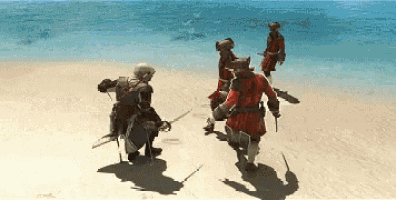 a group of people are standing on a beach holding swords