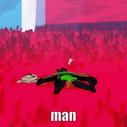a man is laying on the ground in front of a crowd with the word man written below him