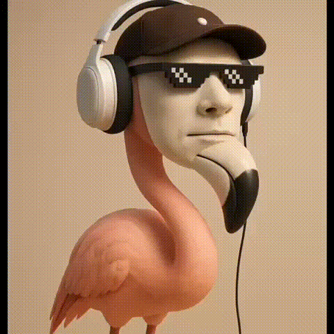 a flamingo wearing headphones and sunglasses has a man 's face on its head .